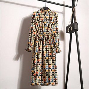 Corduroy Geo Print Stand Collar Long Sleeves Midi Dress